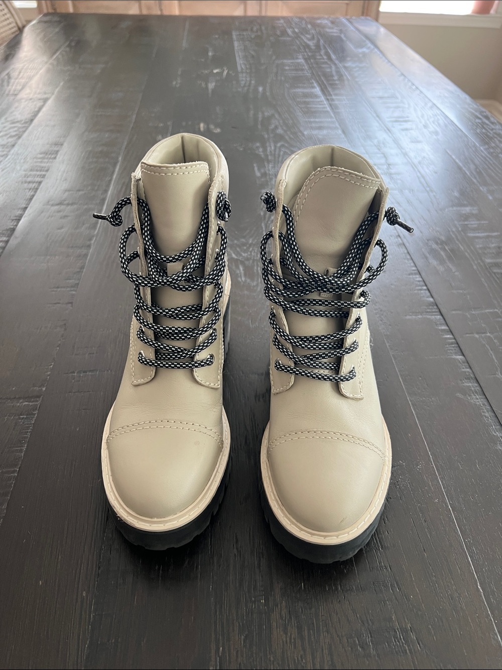 Marc Fisher Cream Lace-Up Combat Boots with Black Contrast Laces